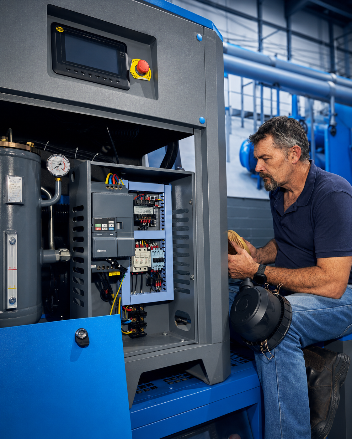 SDK Compressors technician inspecting an industrial compressor